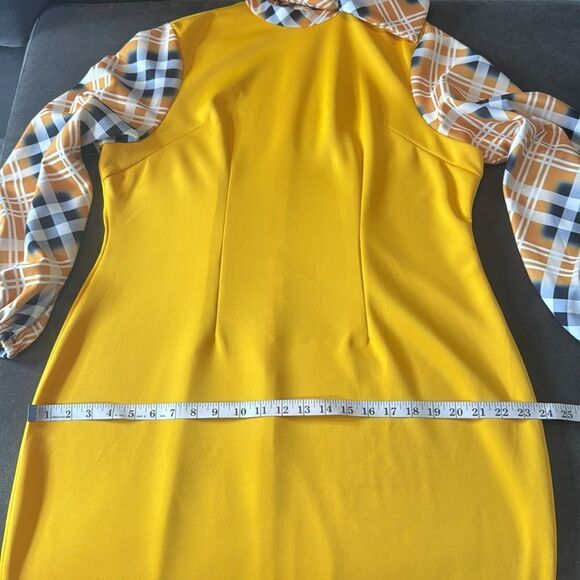 Women’s Yellow Midi Dress Mock Neck Plaid Long Sleeves and Bow Detail Size 2XL - Picture 8 of 16
